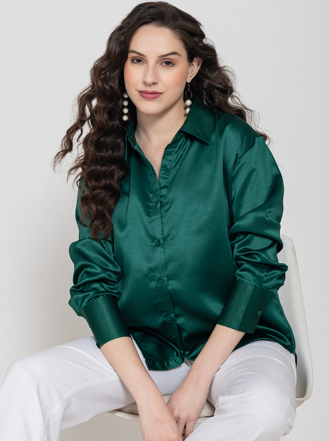 Dark Green Satin Shirt for Women — Relaxed Fit