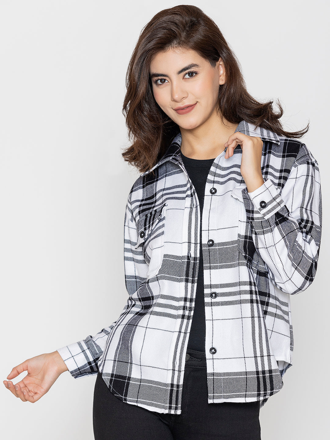 Side view of white and black oversized tartan shacket