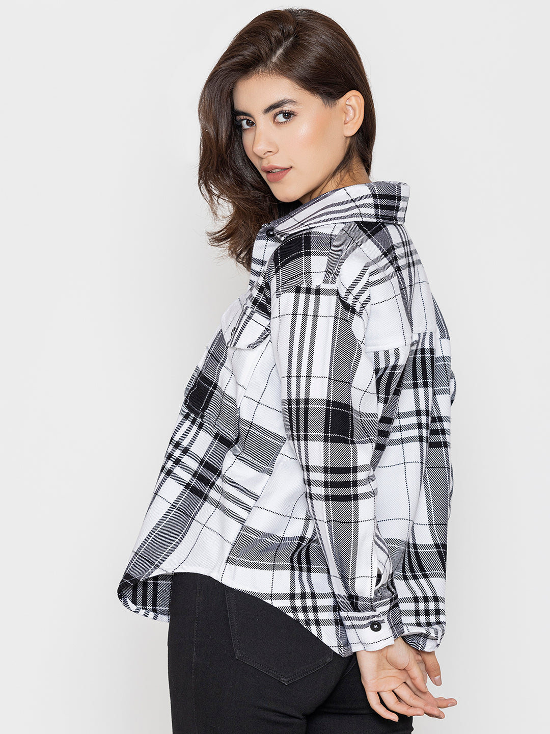 White and black tartan shacket sleeve and cuff detail