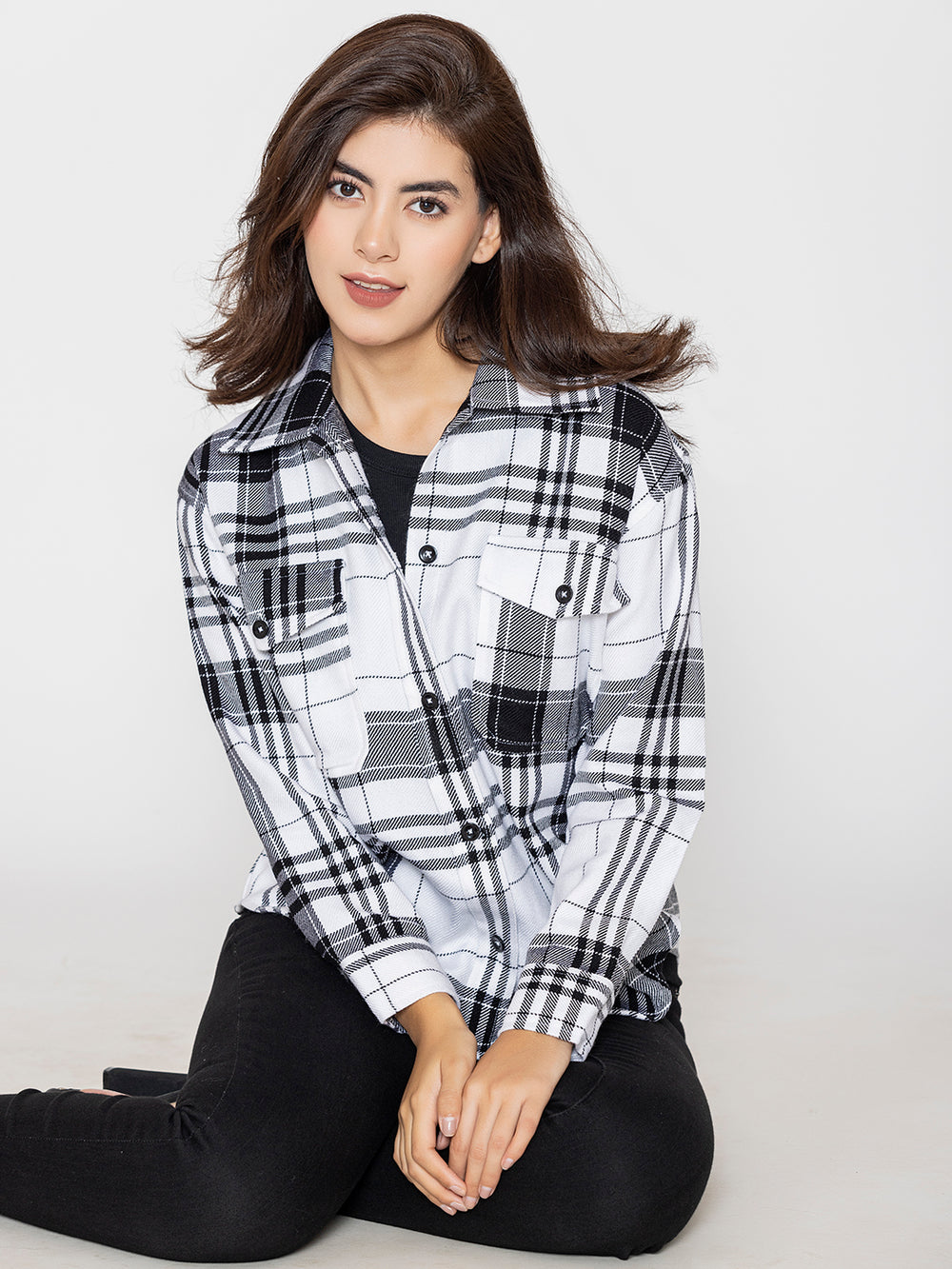 White and black tartan plaid shacket with spread collar