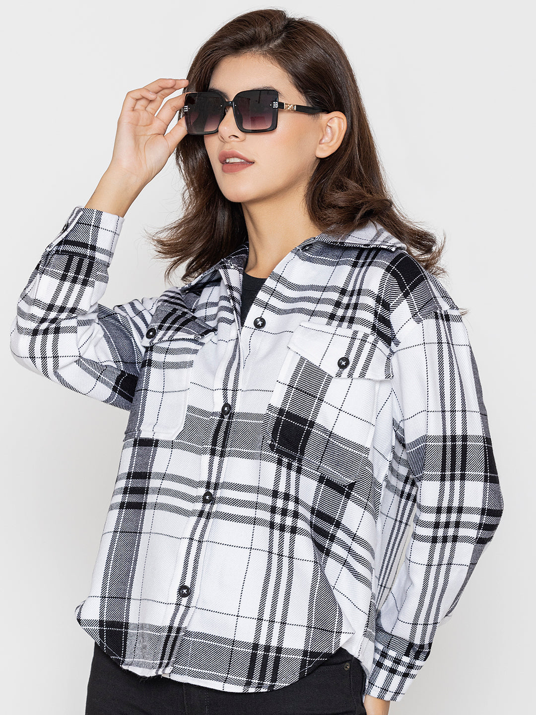 Front view of white and black tartan check shacket