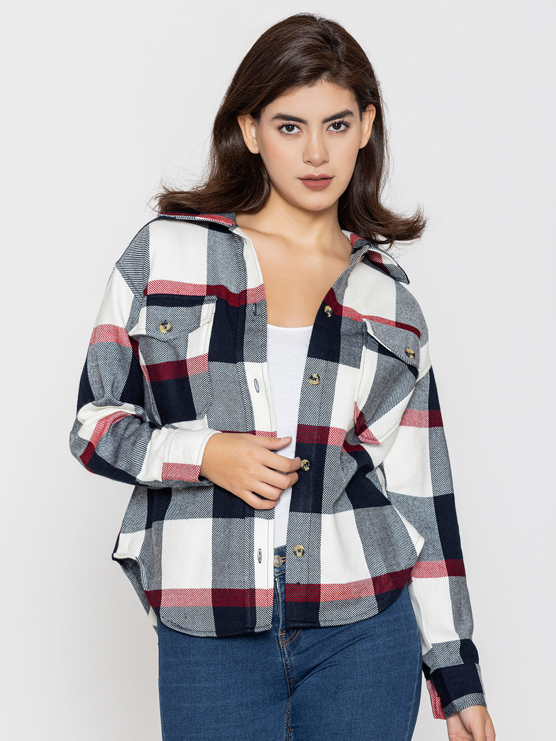 Side view of navy and red oversized tartan shacket