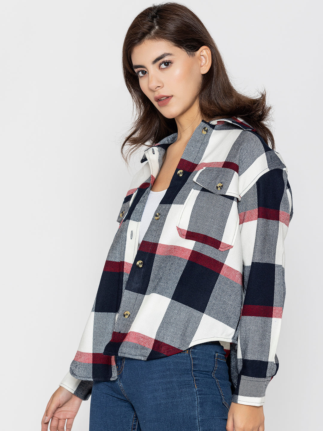 Navy and red tartan shacket close-up of acrylic fabric