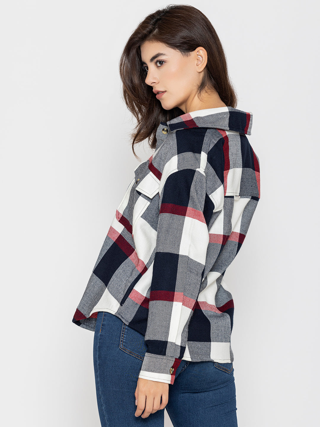 Back view of navy and red tartan shacket