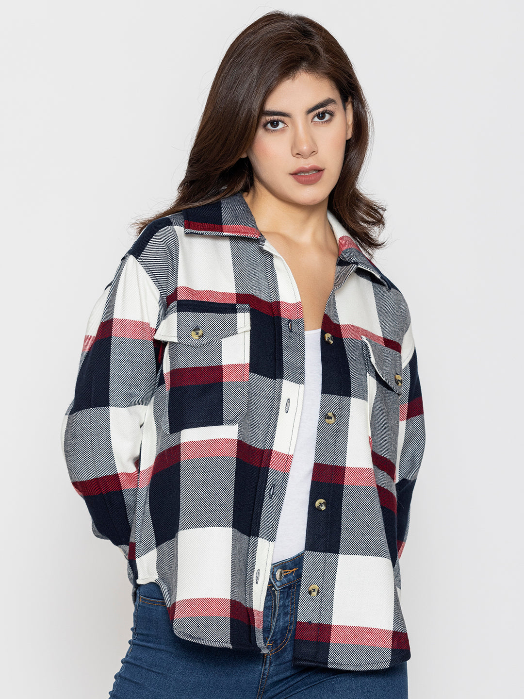 Navy and red tartan shacket sleeve and cuff detail