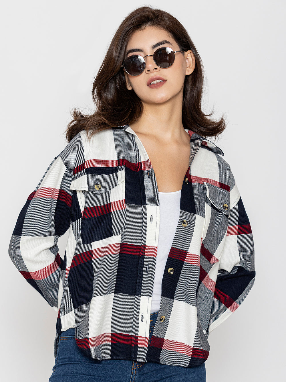 Navy and red tartan plaid shacket with spread collar