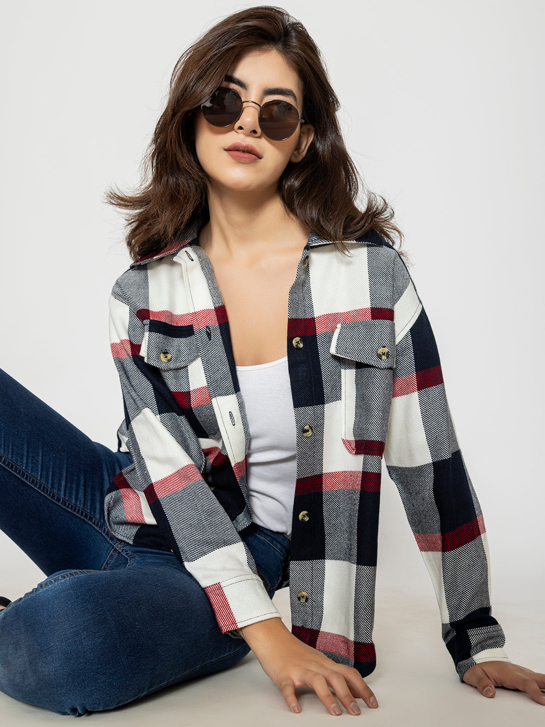 Front view of navy and red tartan check shacket