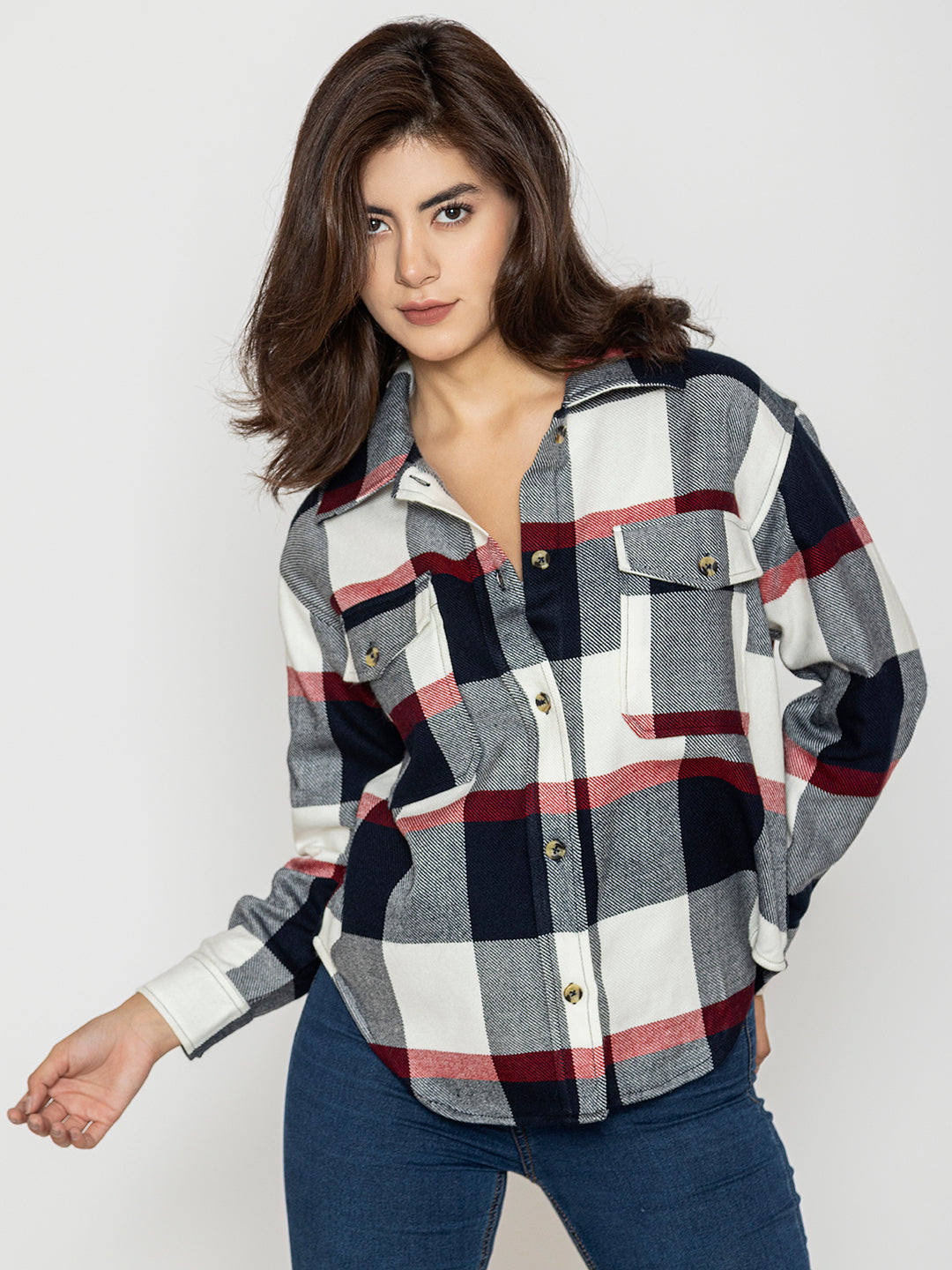 Navy and red tartan shacket curved hem detail