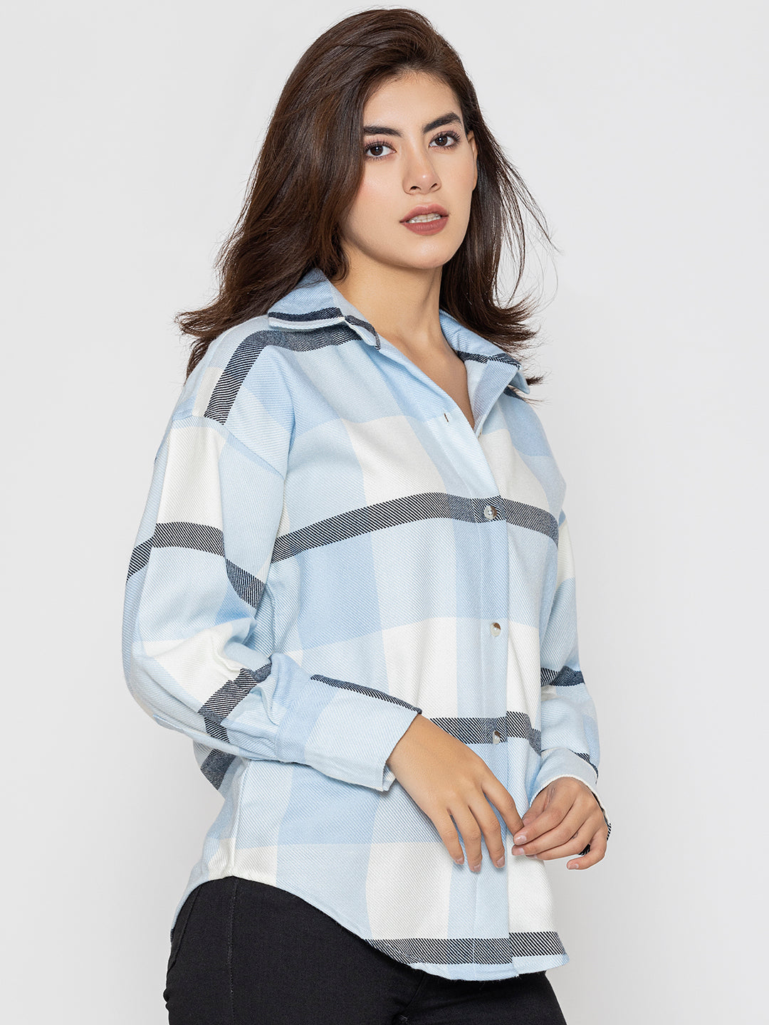 Back view of sky blue oversized tartan check shirt