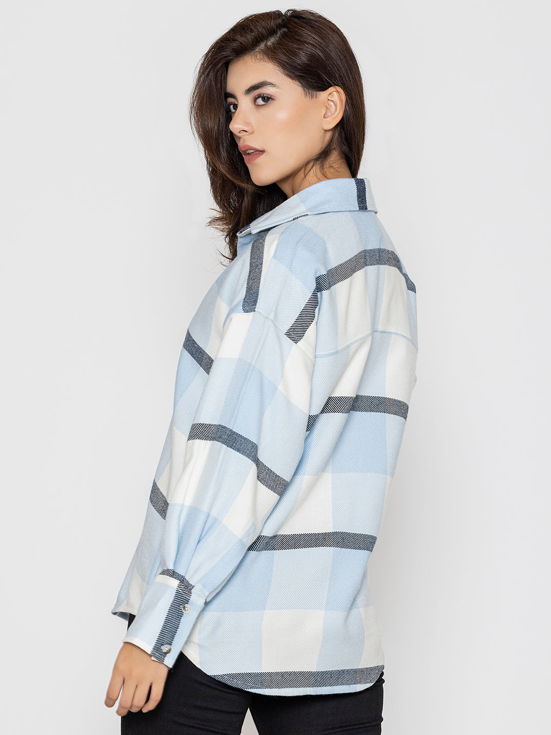 Sky blue plaid shirt sleeve and cuff detail
