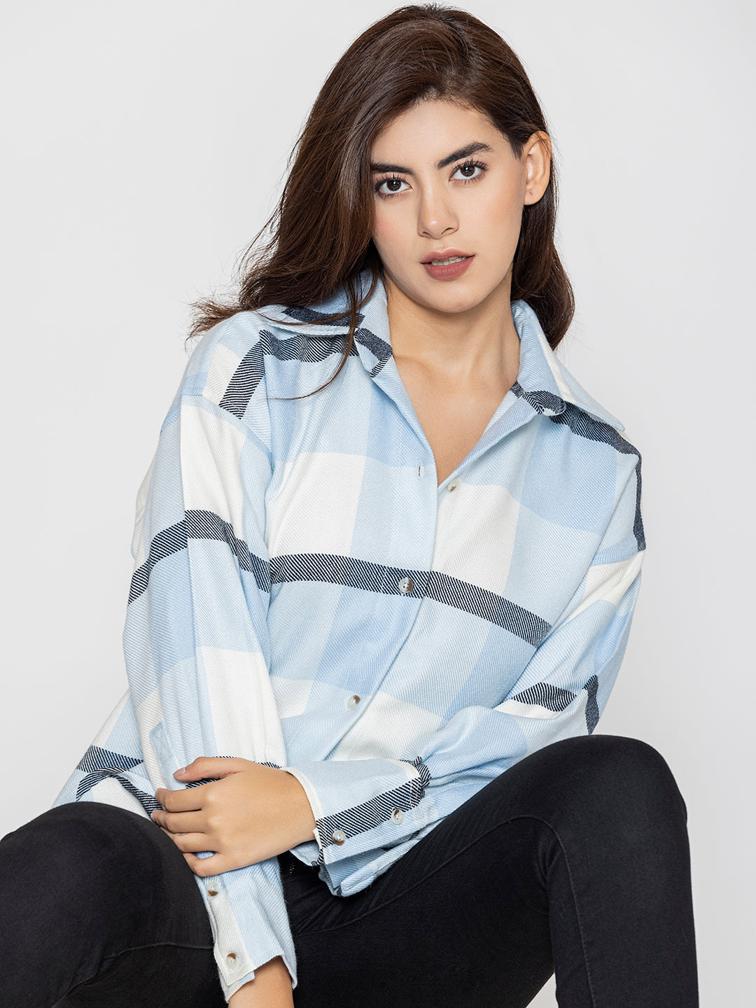 Sky blue tartan shirt curved hem detail