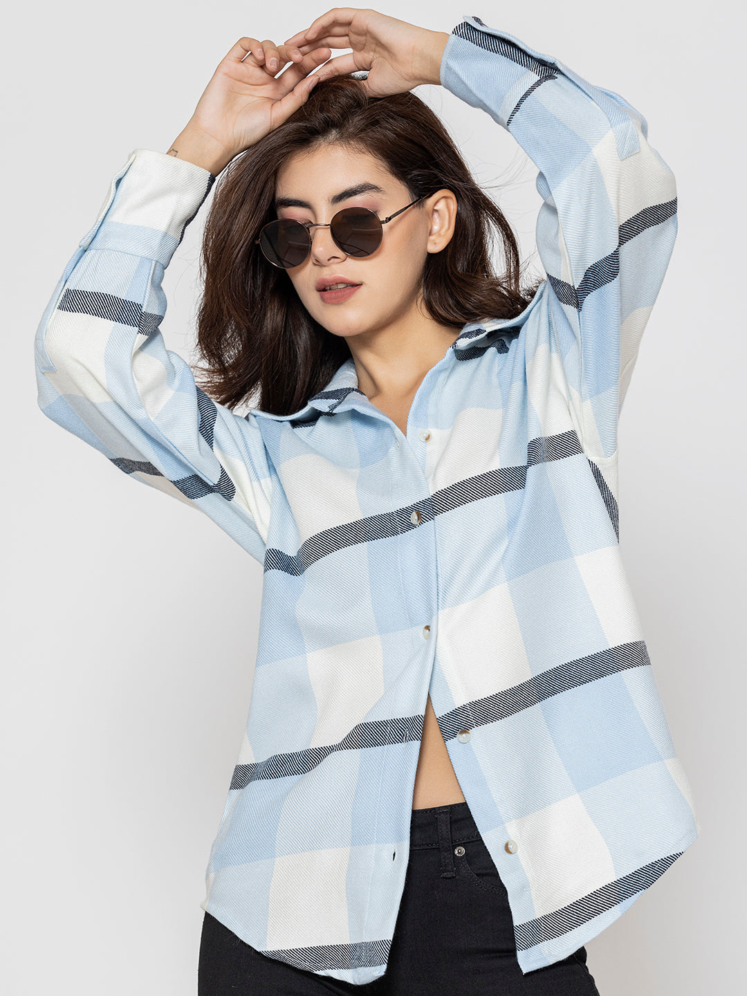 Front view of sky blue tartan check oversized shirt