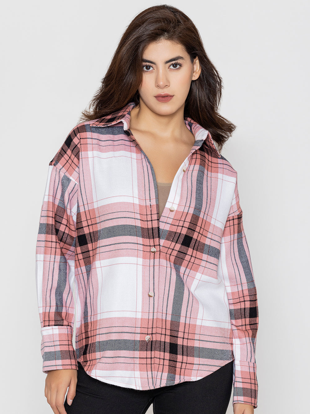 Light pink tartan check shirt with spread collar and buttoned cuffs