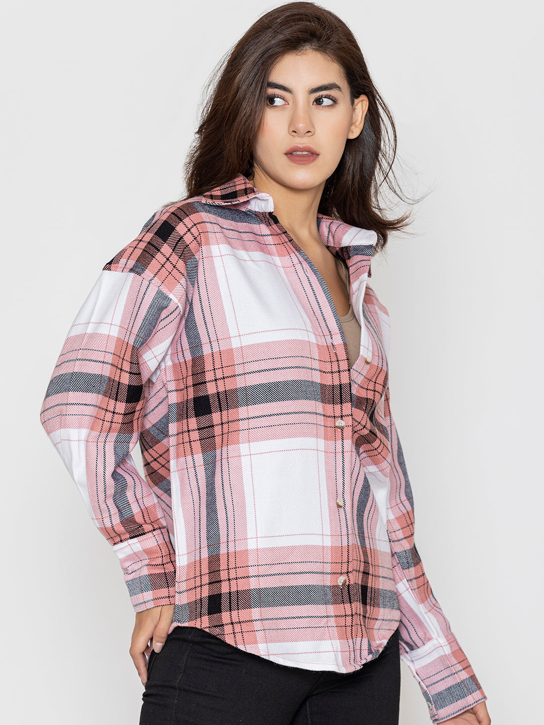 Side view of light pink oversized tartan check shirt
