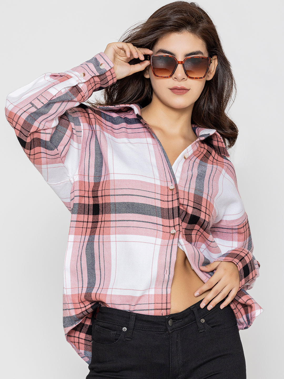 Front view of light pink tartan check oversized shirt