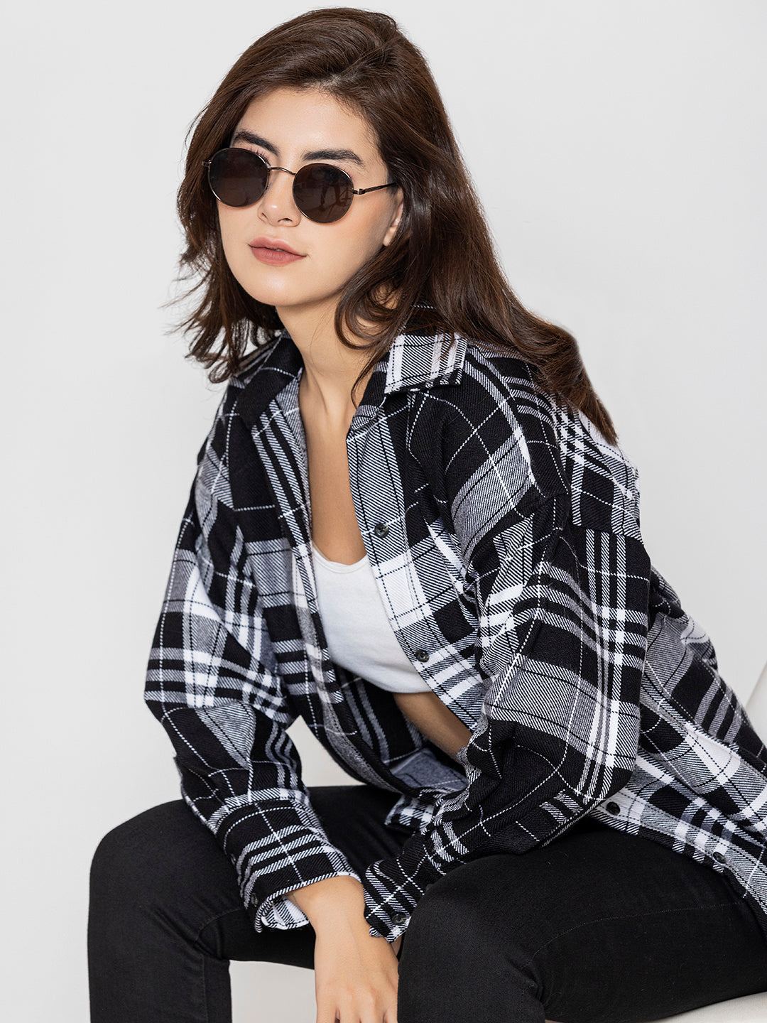 Front view of black and white tartan check oversized shirt