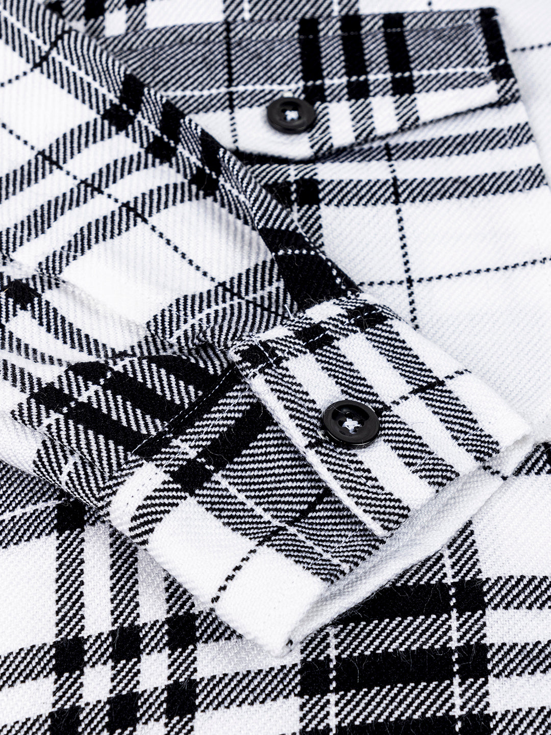 White and black tartan check shacket full outfit shot