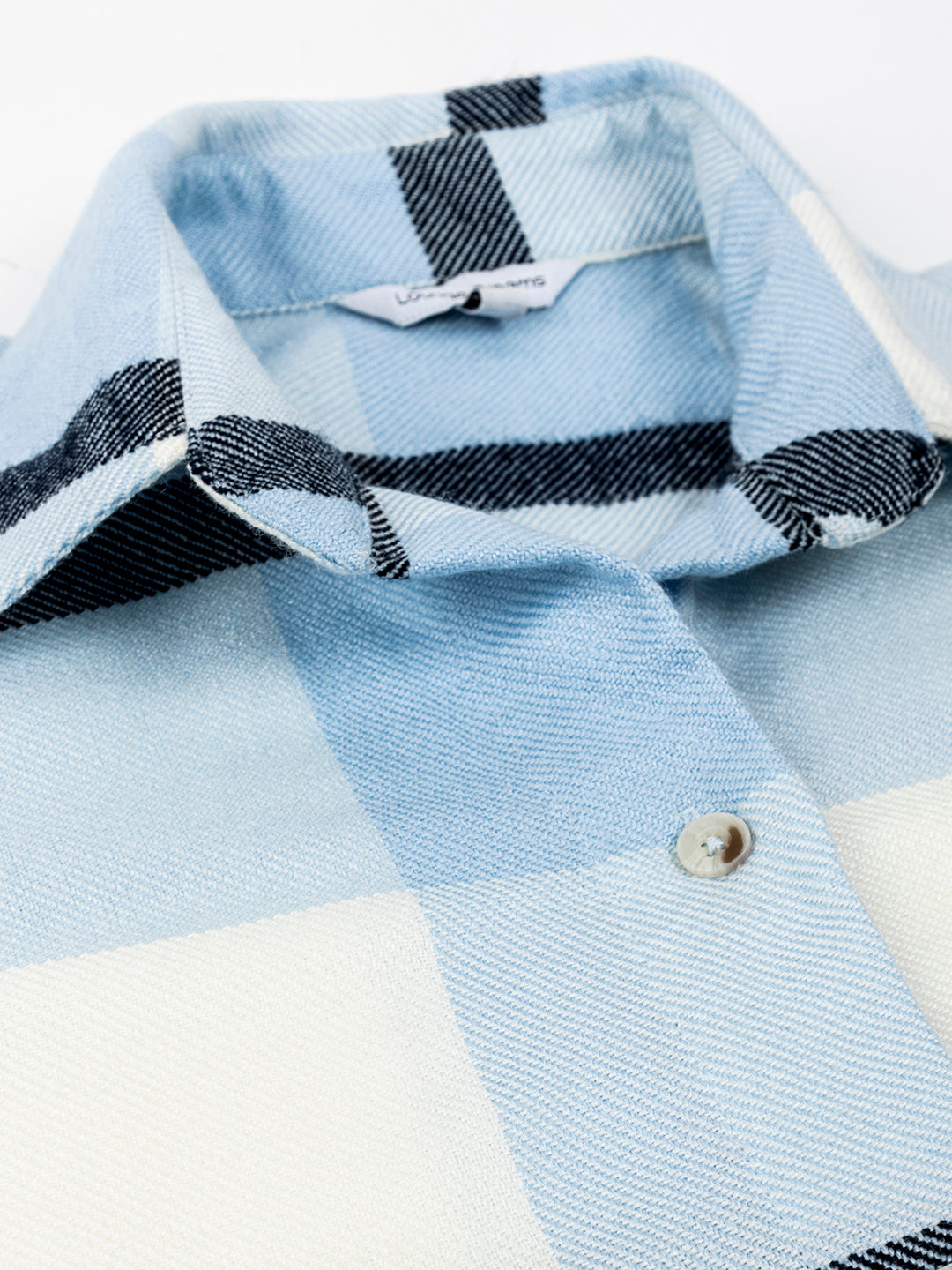 Sky blue tartan check shirt styled with denim trousers