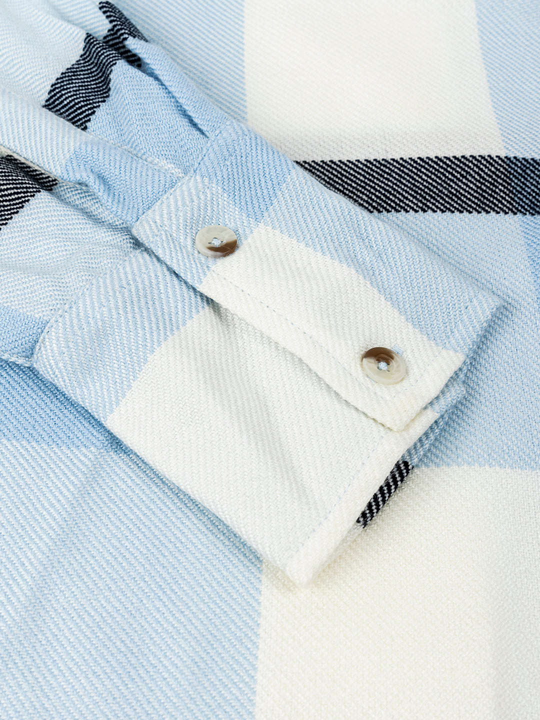 Sky blue tartan check shirt full outfit shot