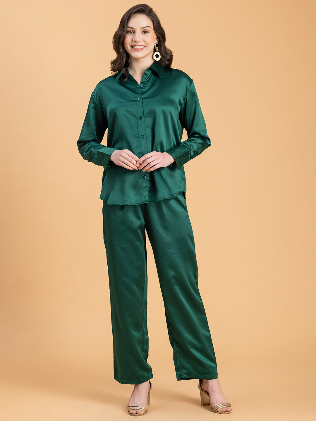 Side view of dark green satin co-ord styling