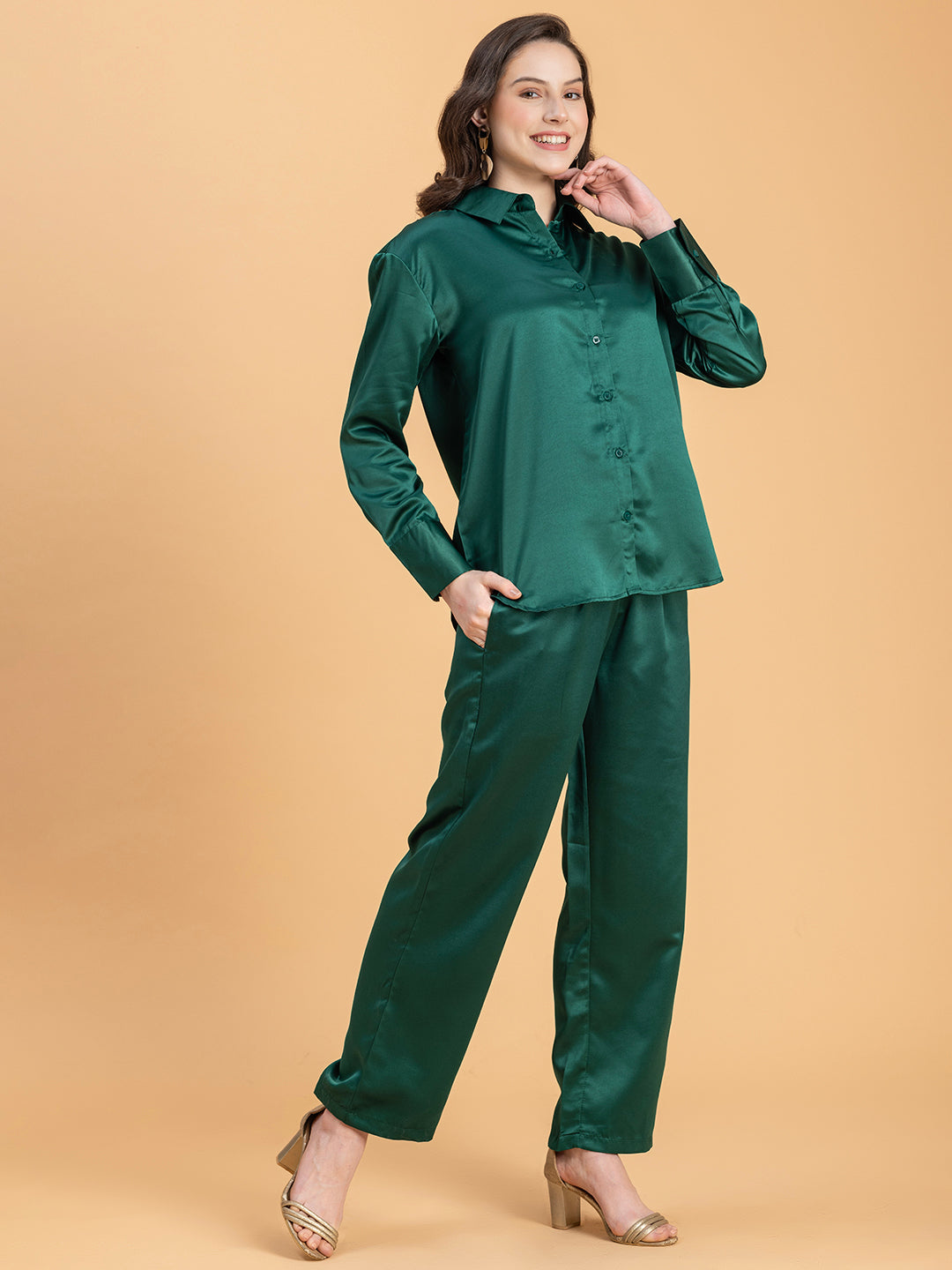 Close-up of dark green satin shirt collar