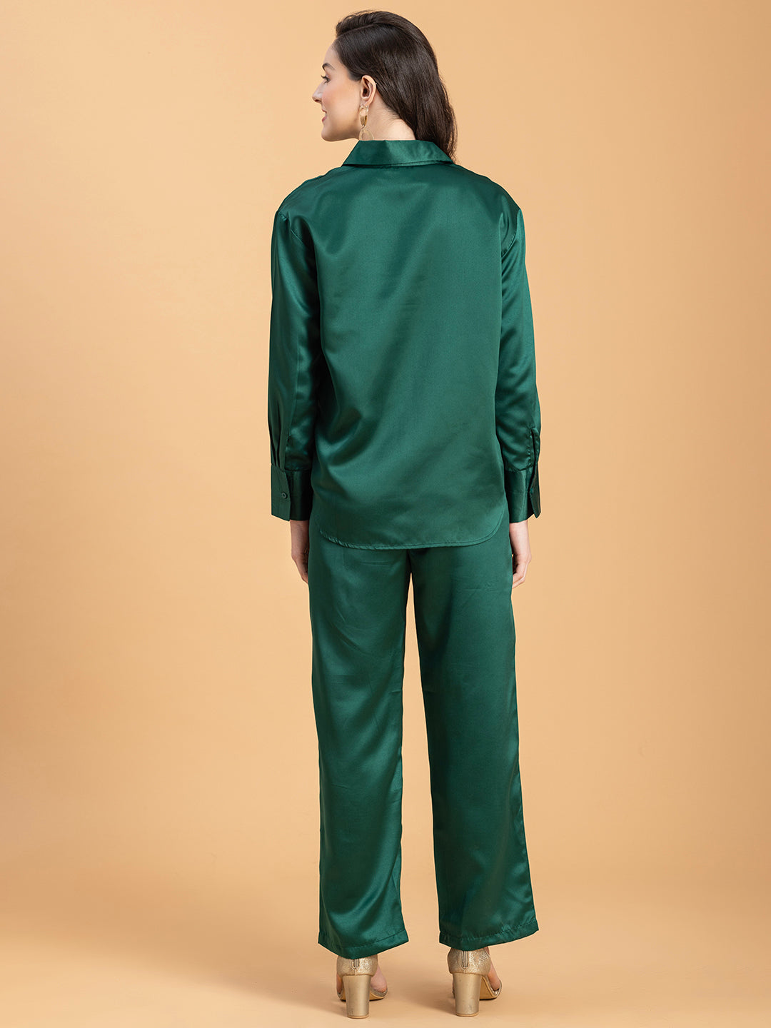 Back view of dark green satin co-ord