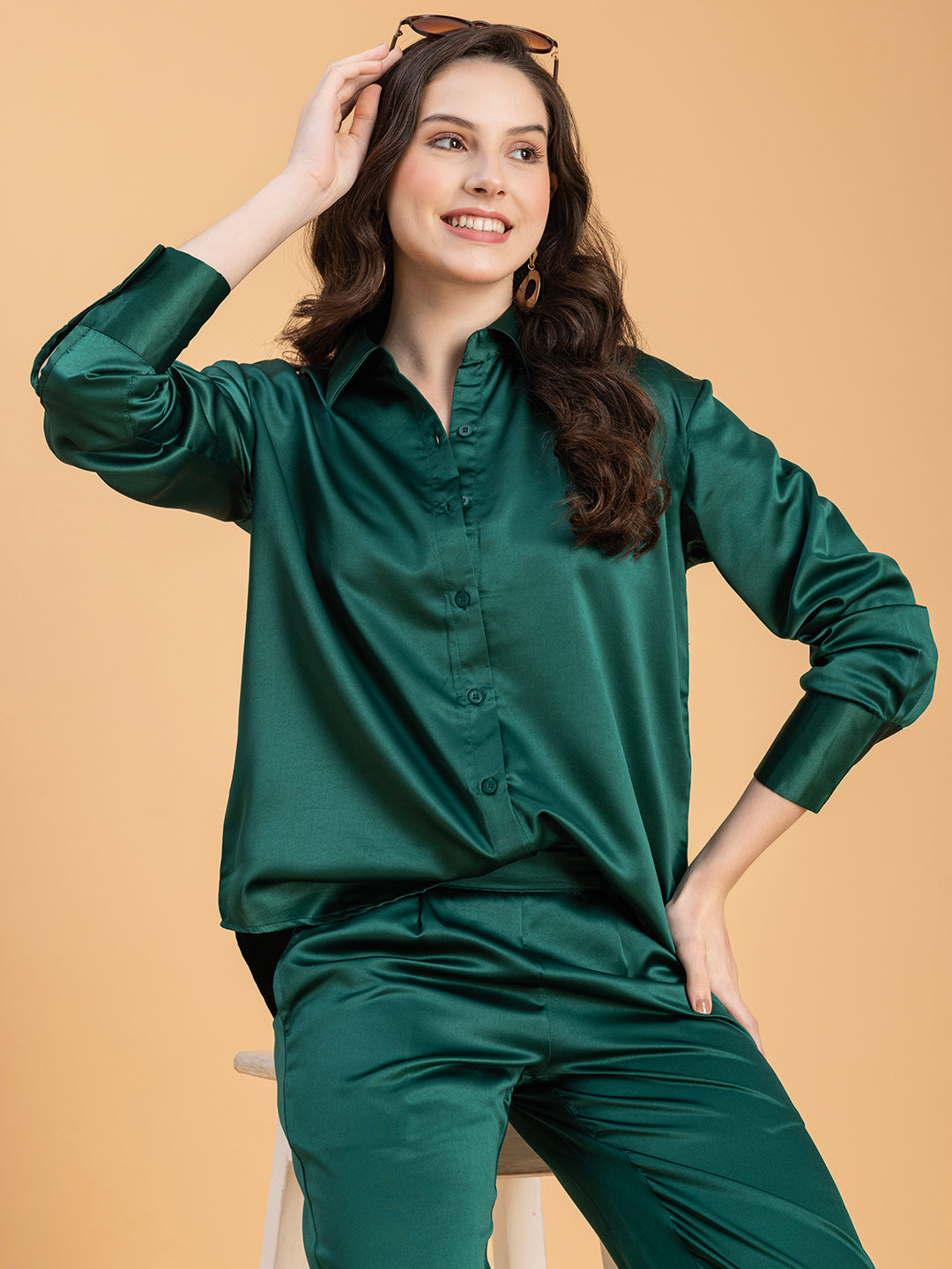 Front view of dark green satin co-ord set