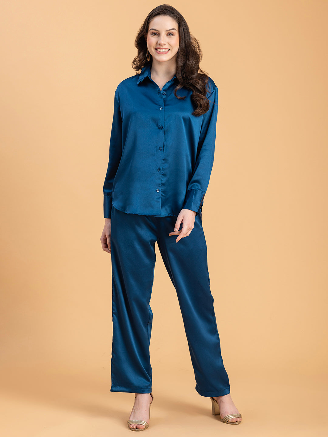 Side view of navy satin co-ord styling