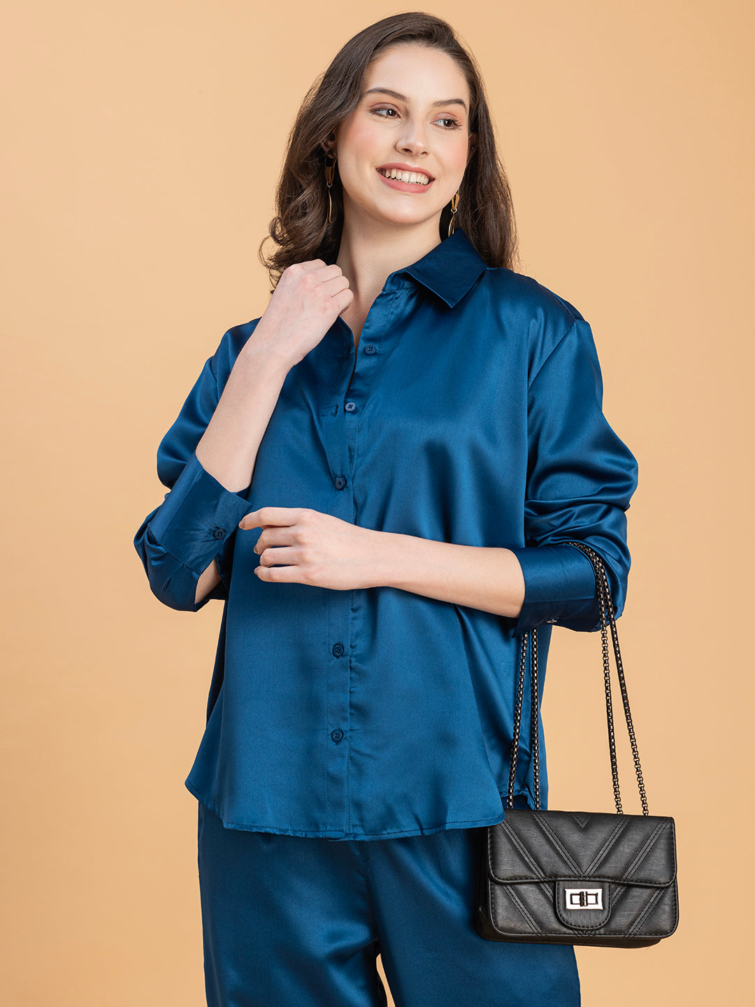 Front view of navy blue satin co-ord set