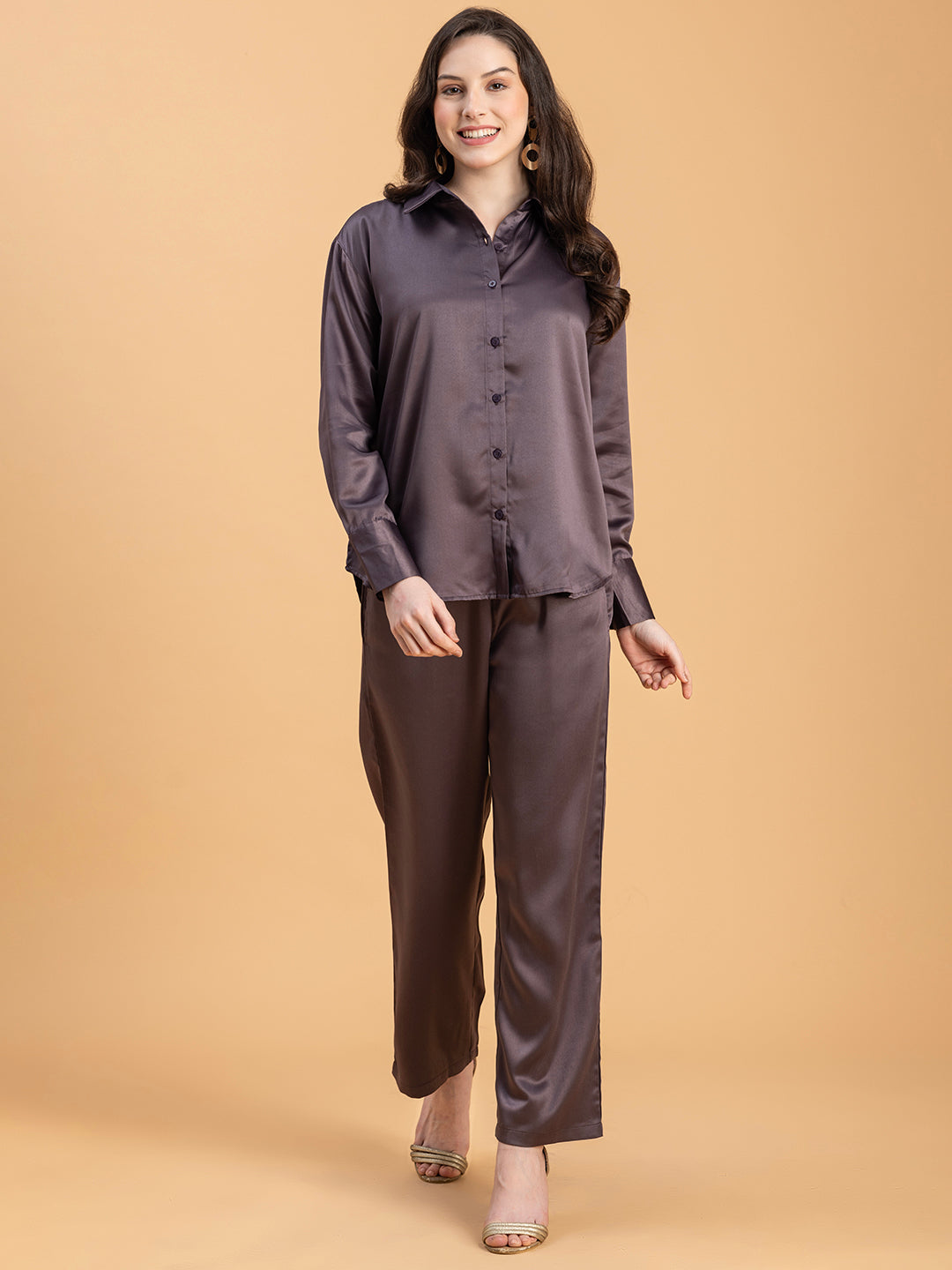 Side angle of grey satin co-ord styling