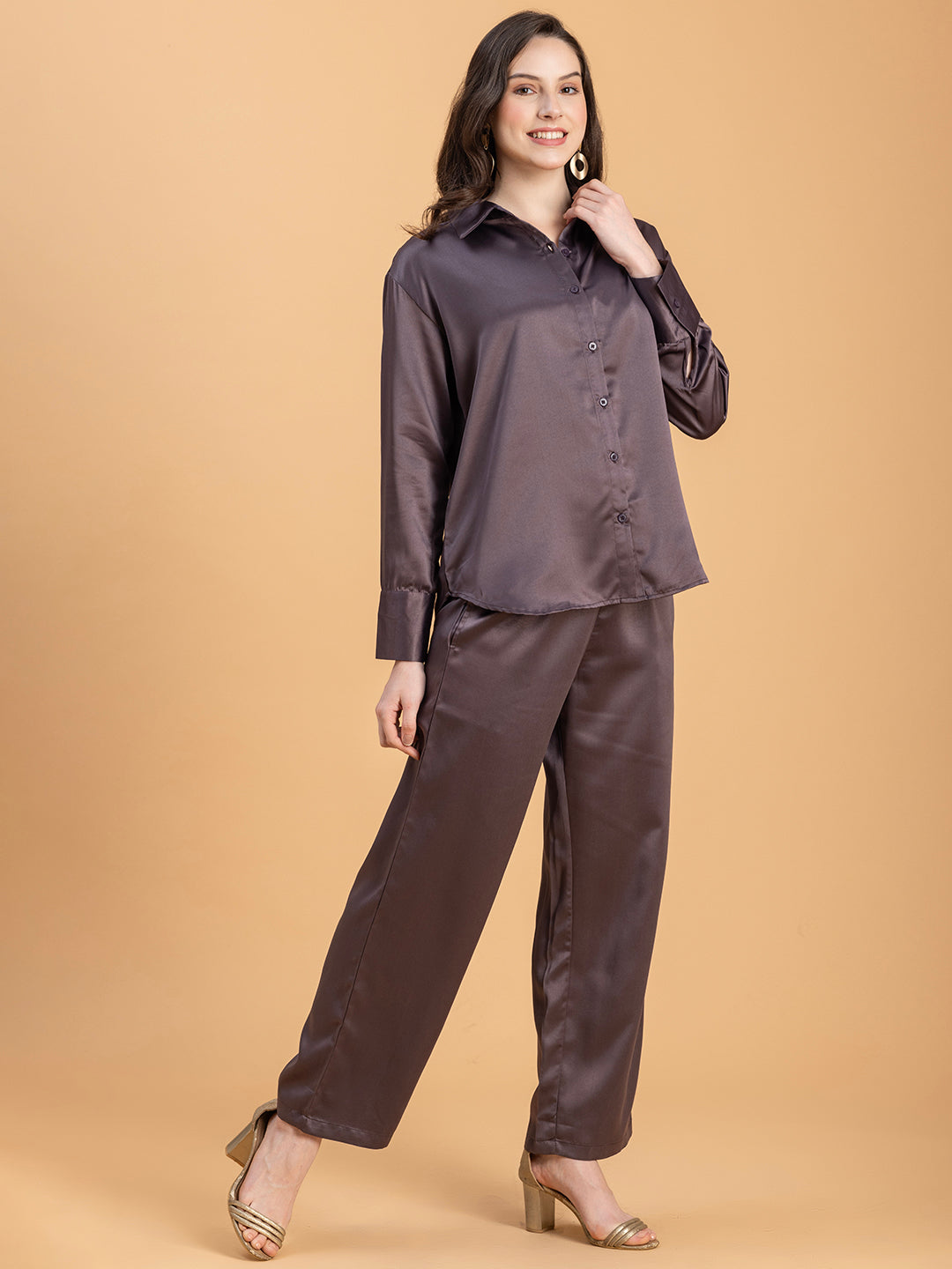 Close-up of steel grey satin shirt collar