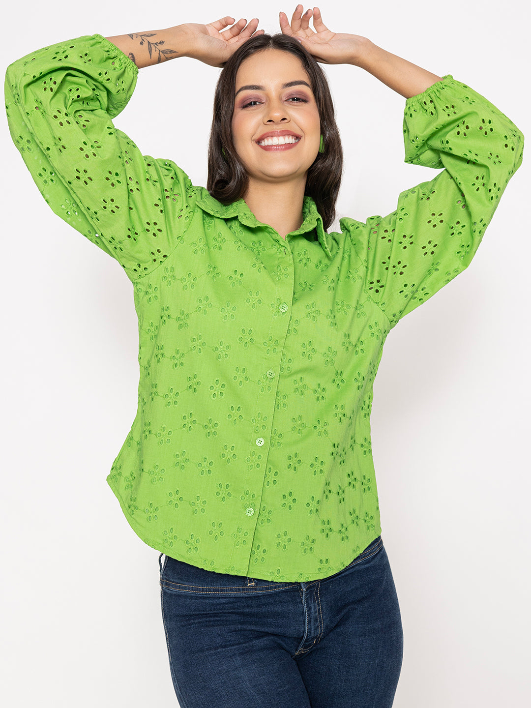 Front view of lime green Schiffli embroidered cotton shirt