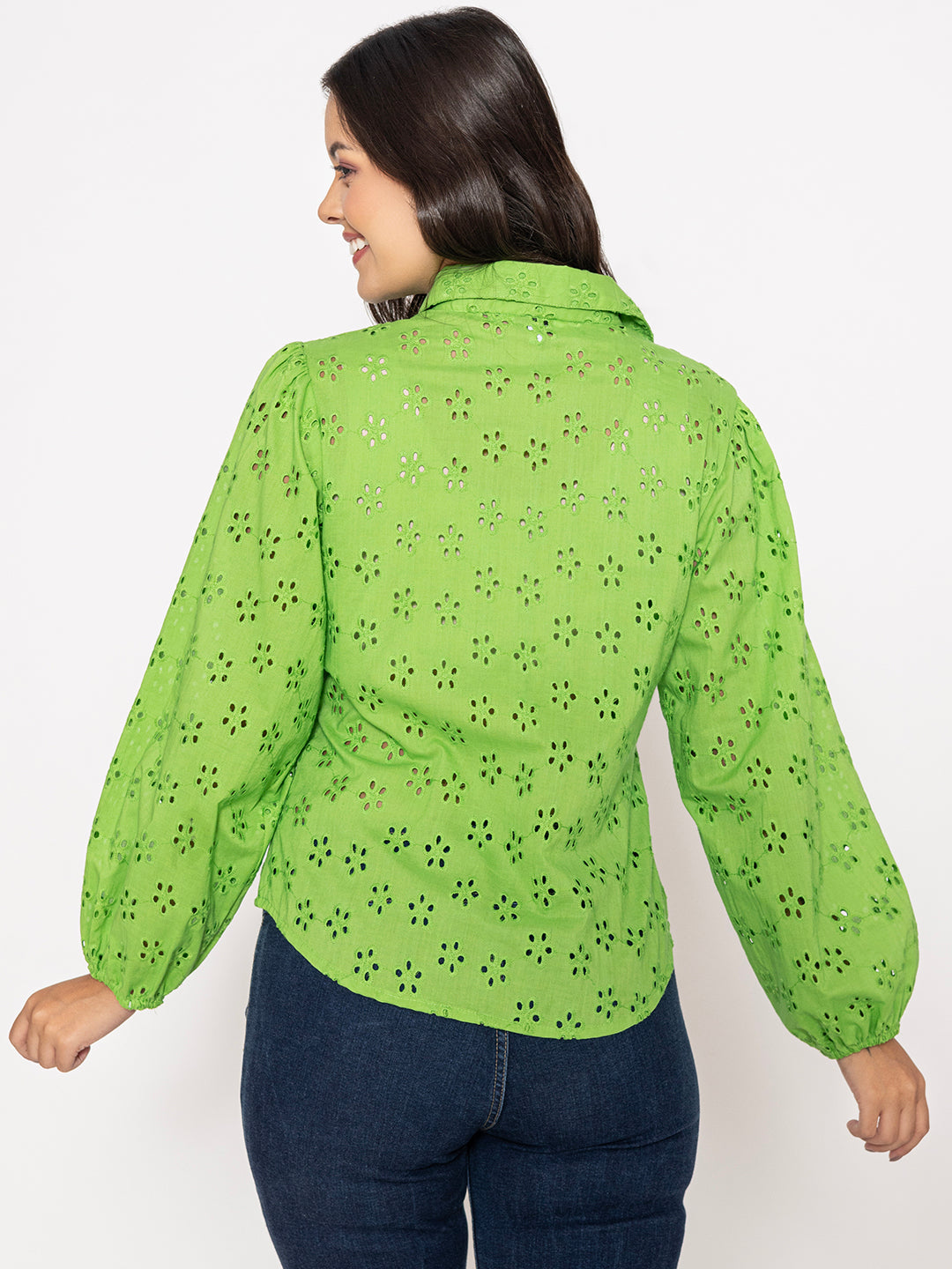 Collar detail on lime green Schiffli cotton shirt