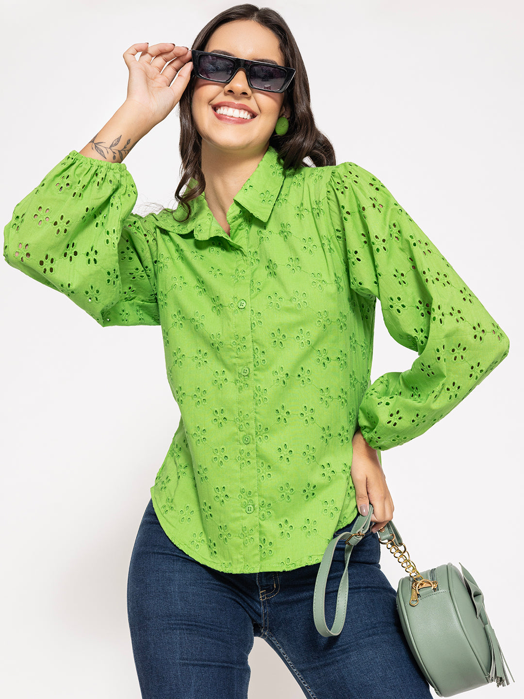 Side view of lime green cotton shirt with Schiffli embroidery