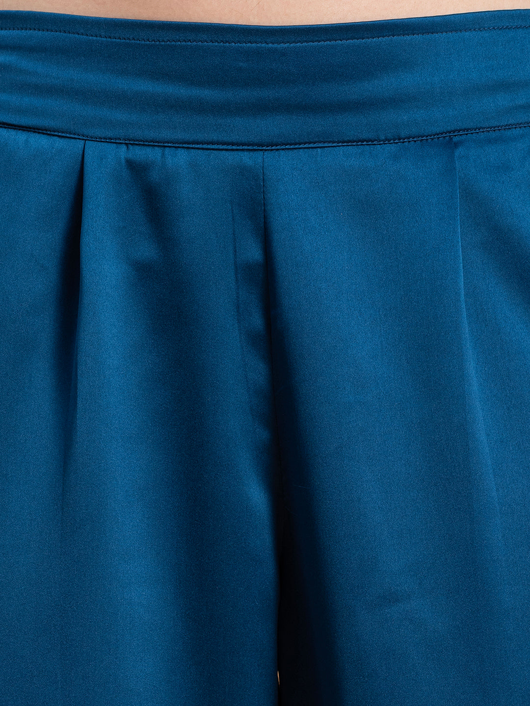 Full outfit view of navy blue satin co-ord set