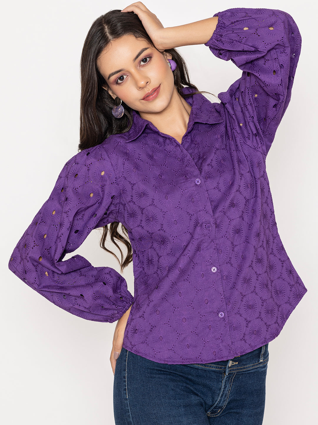 Front view of purple Schiffli embroidered cotton shirt