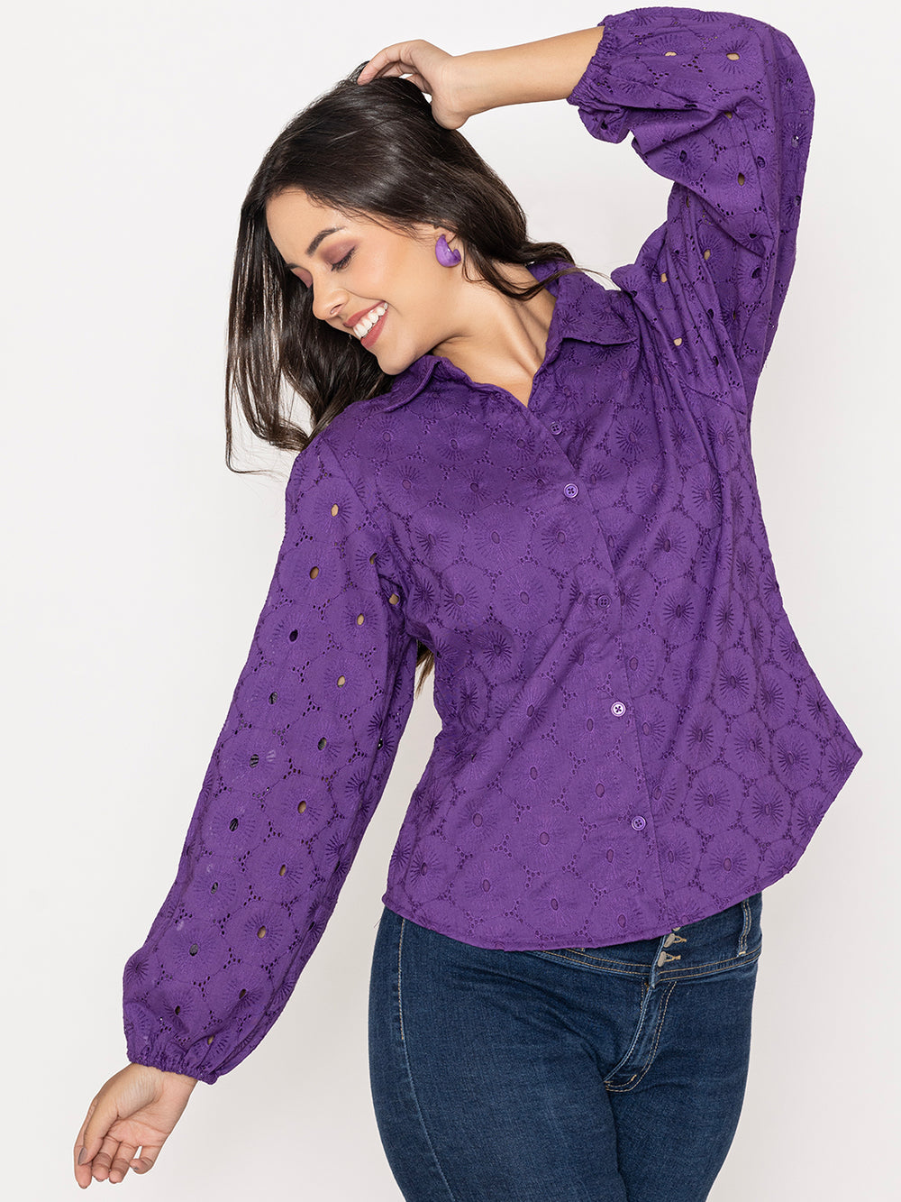 Side view of purple cotton shirt with Schiffli embroidery