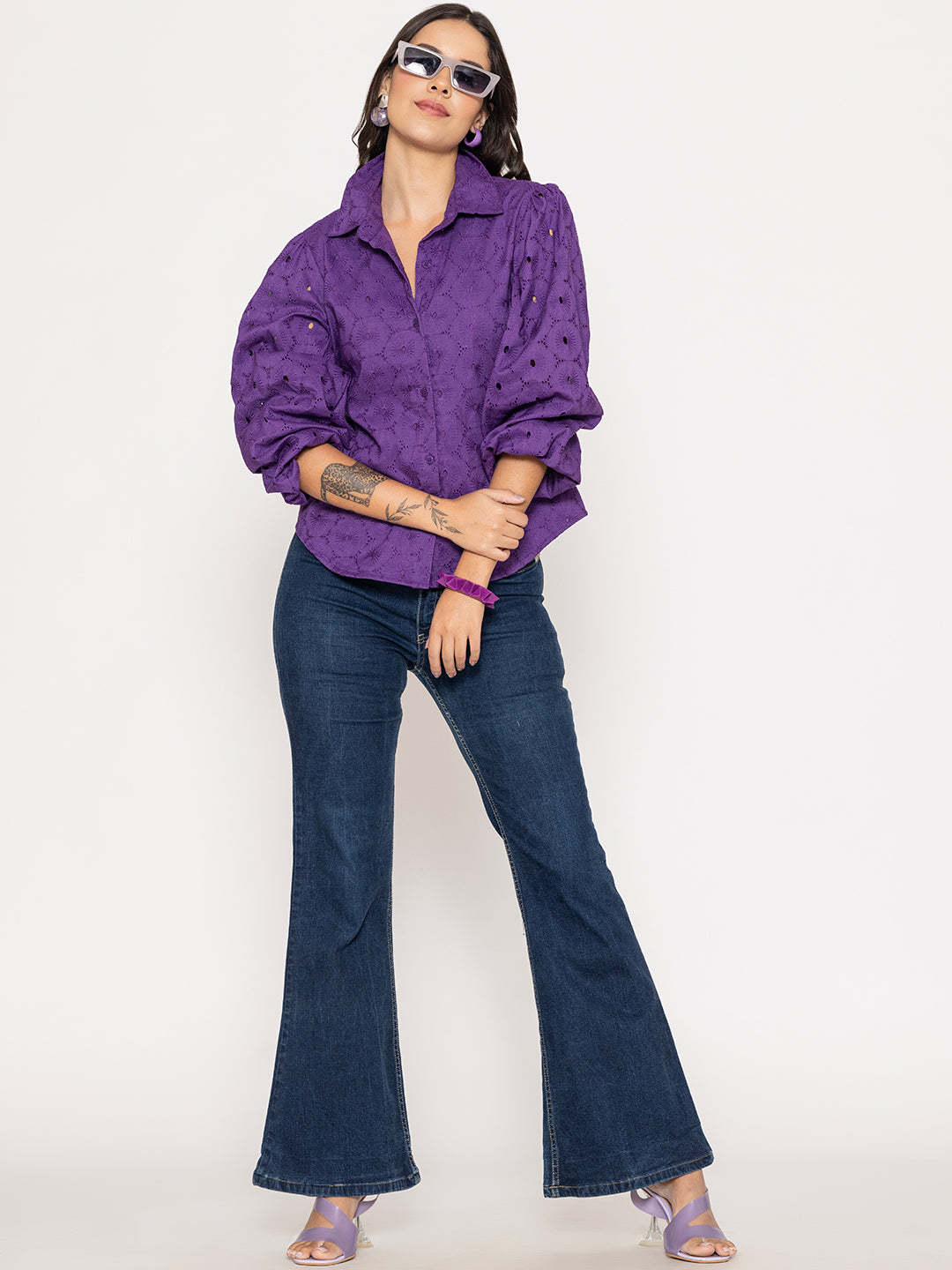 Lifestyle styling shot of purple Schiffli shirt