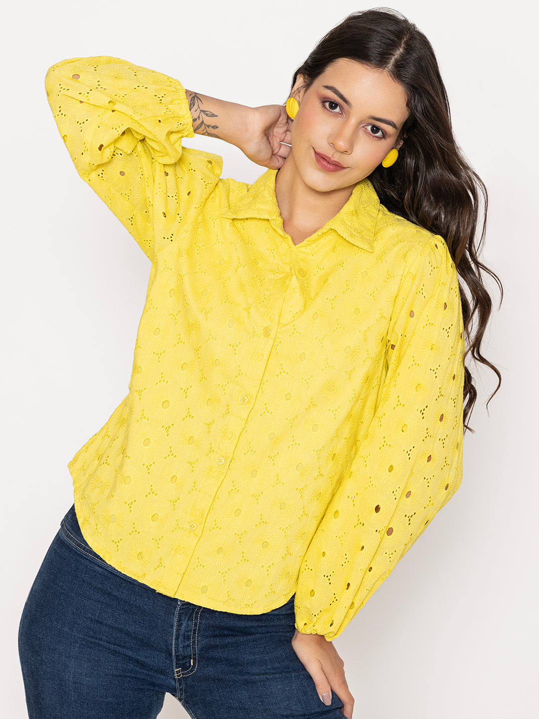 Front view of yellow Schiffli embroidered cotton shirt