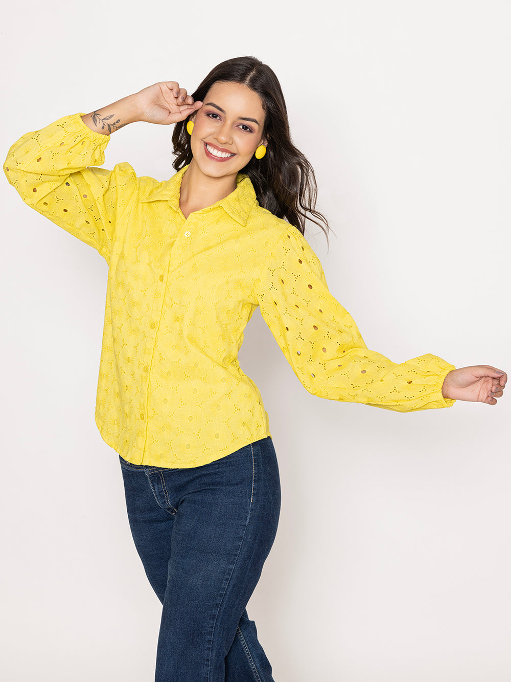 Side view of yellow cotton shirt with Schiffli embroidery