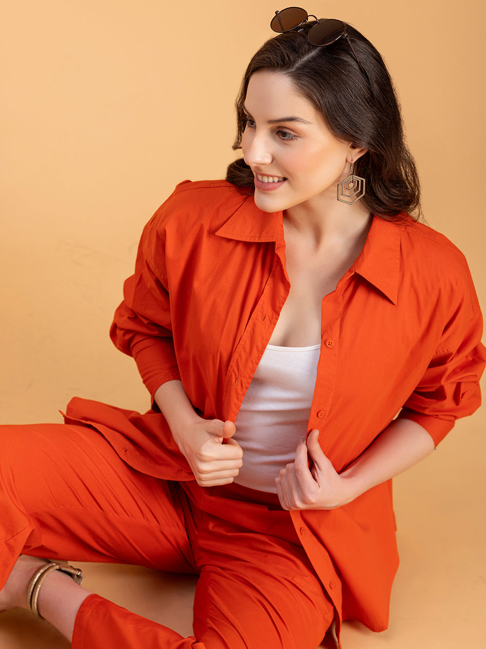 Front view of rust poplin co-ord set spread collar shirt