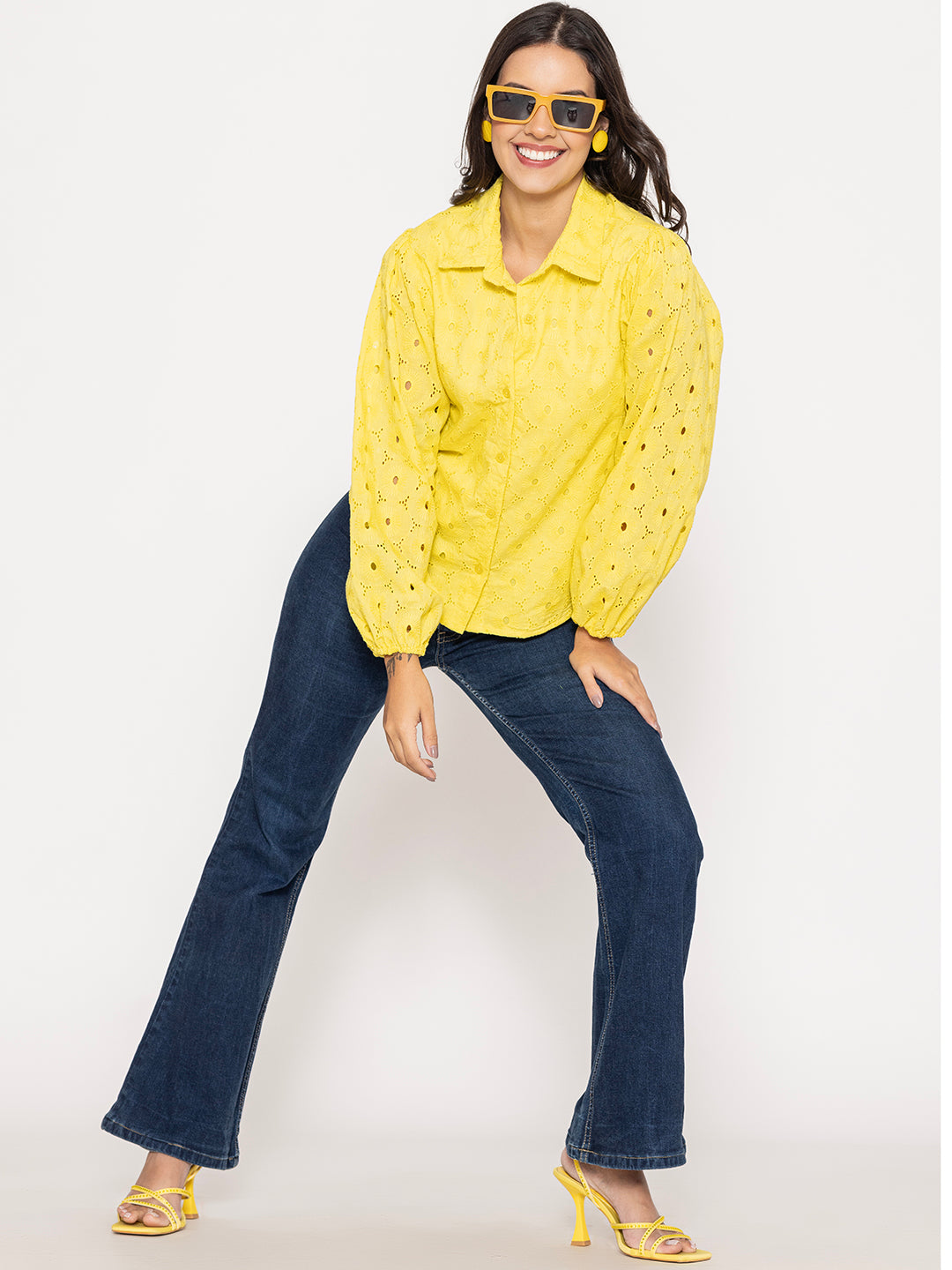 Collar and cuff detail on yellow Schiffli shirt
