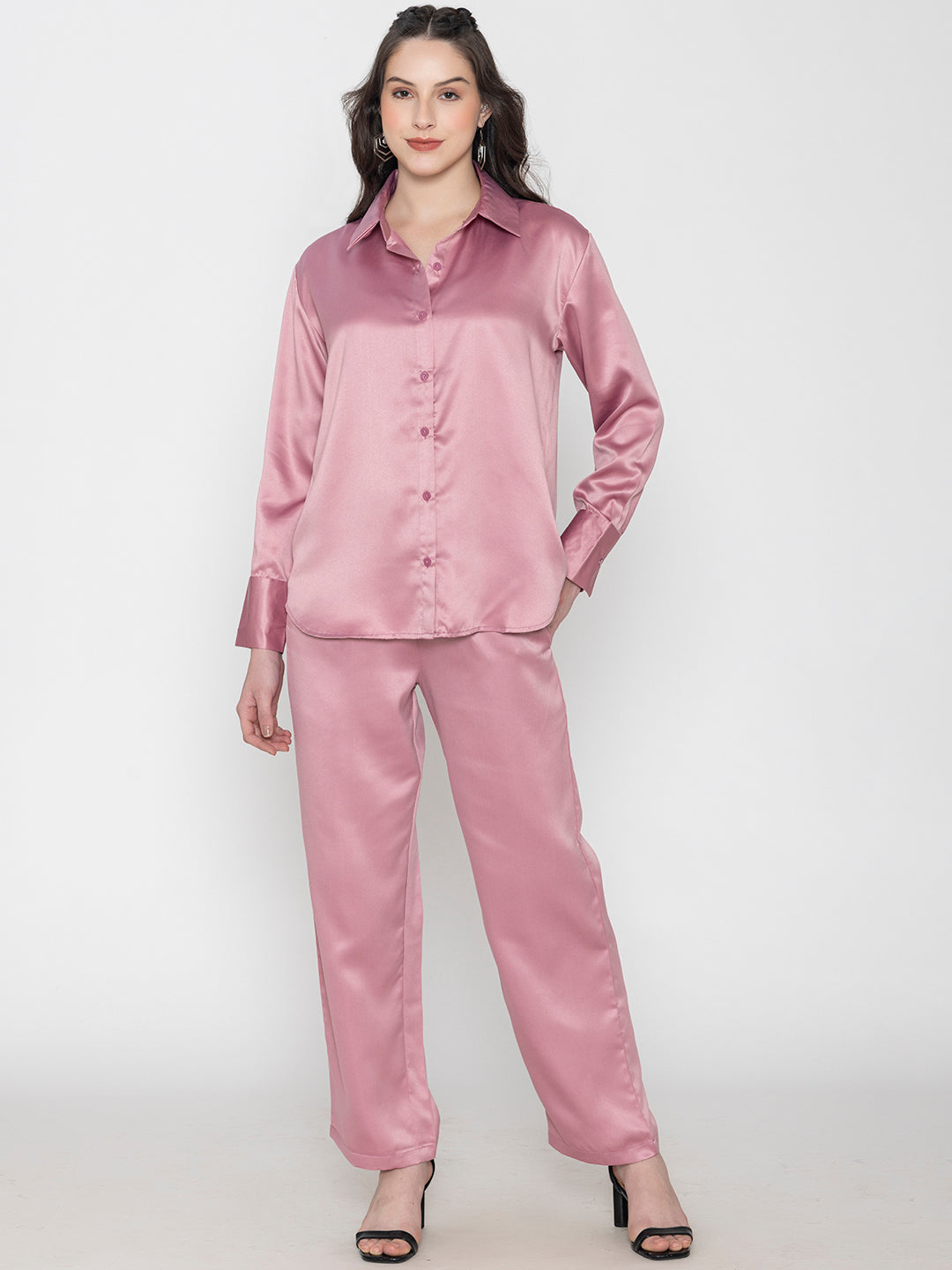 Side view of light pink satin co-ord styling