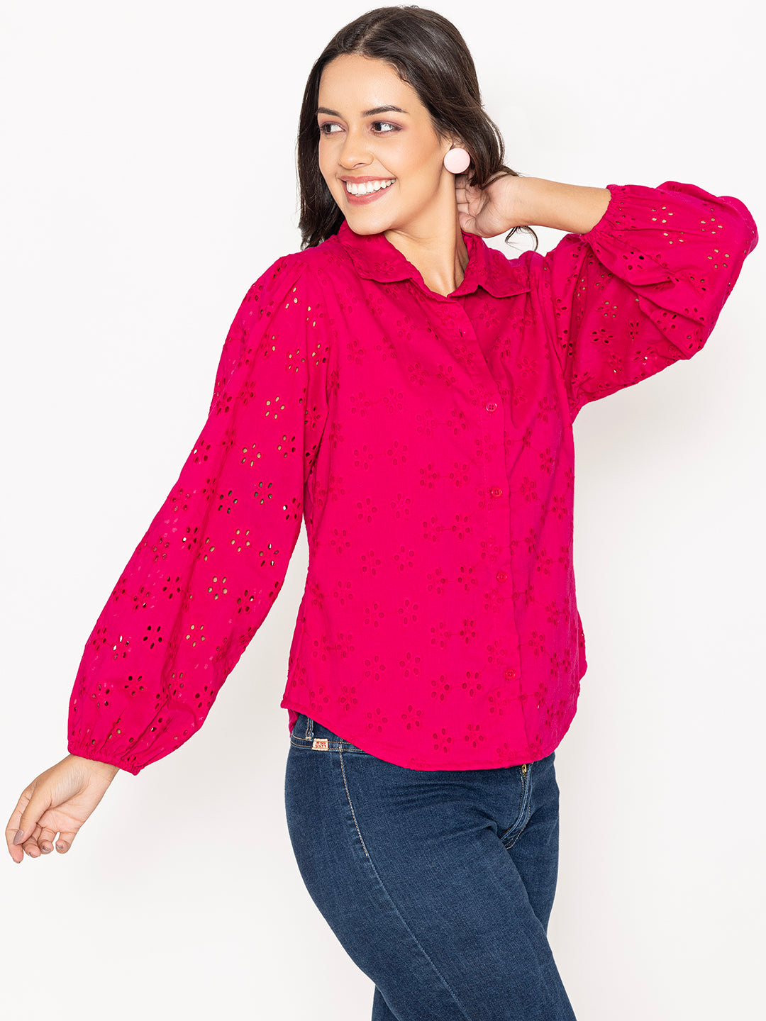 Collar detail on hot pink Schiffli cotton shirt