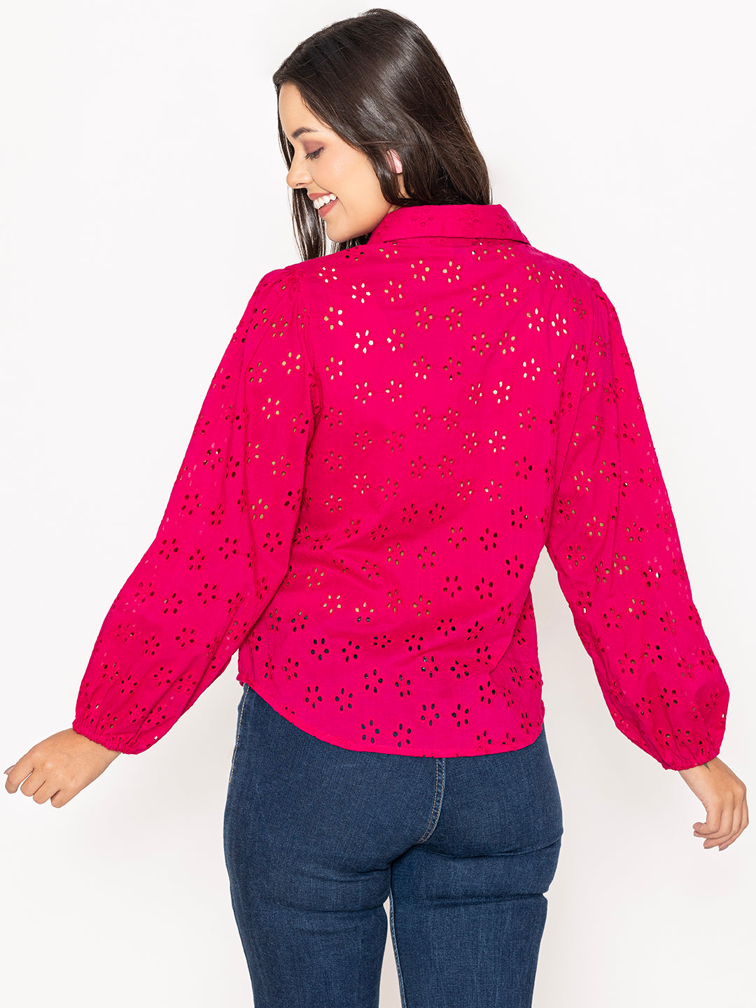 Cuff detail on hot pink cotton shirt