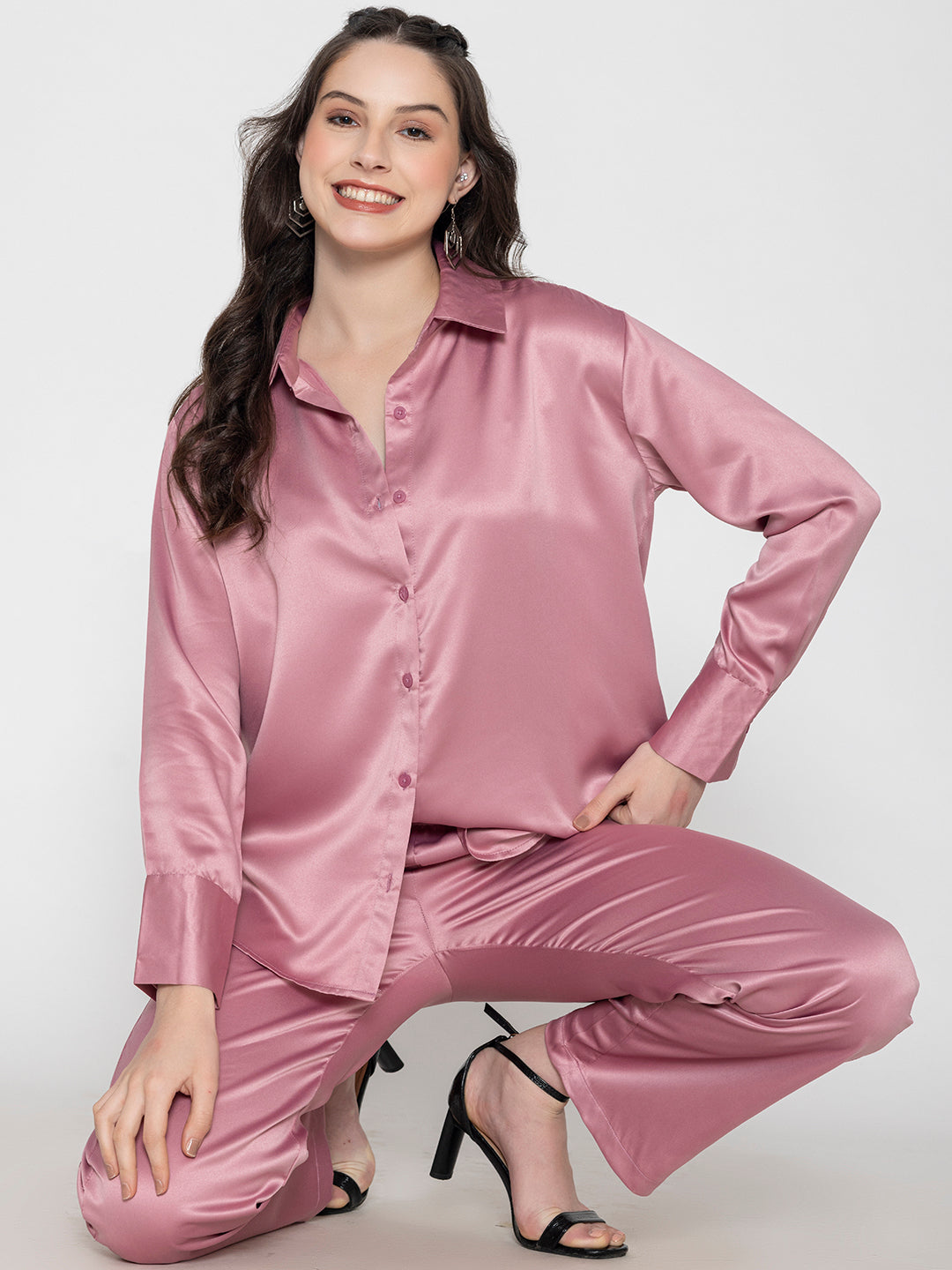 Full outfit view of light pink satin co-ord set