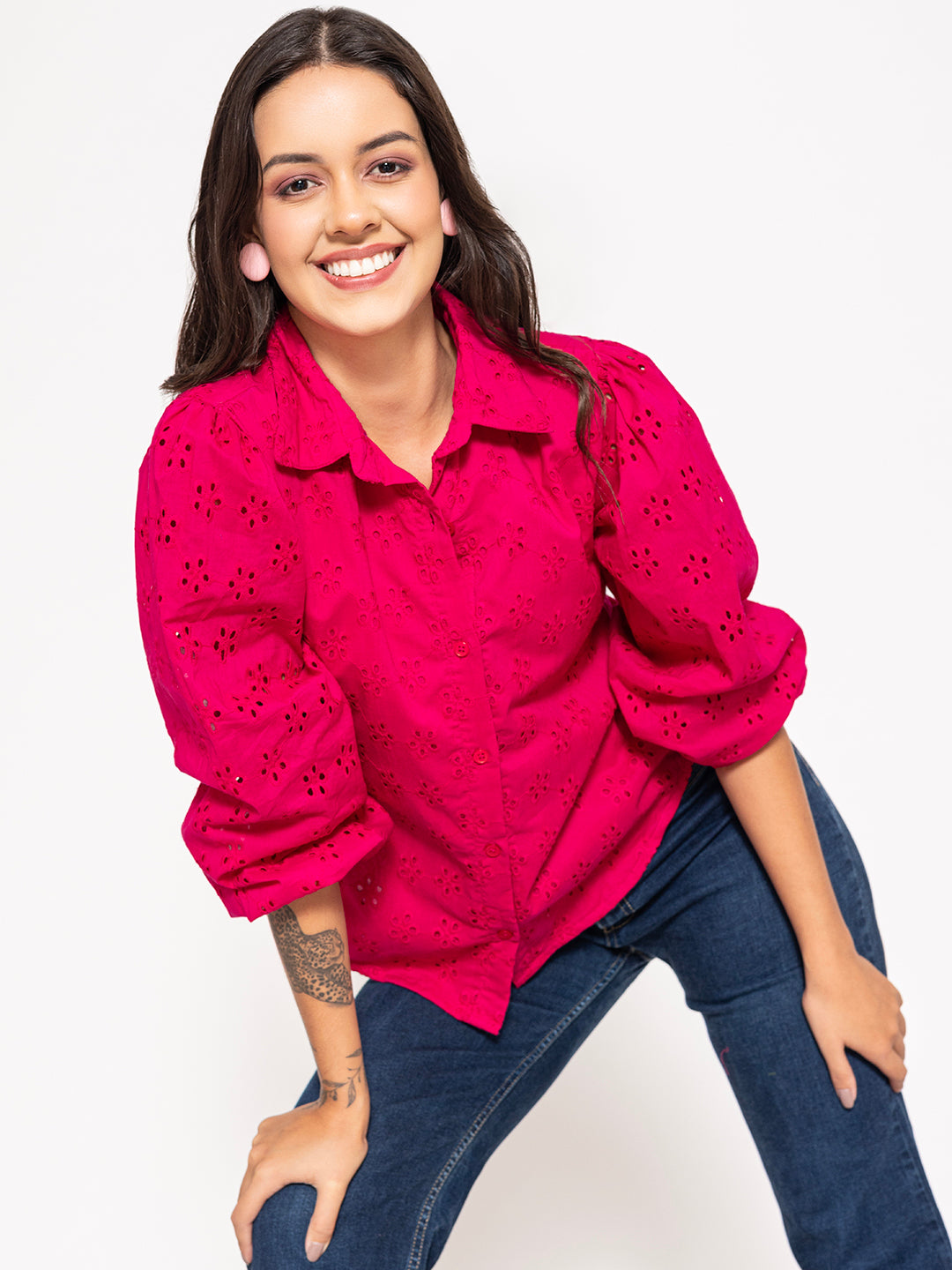 Back view of the hot pink cotton shirt