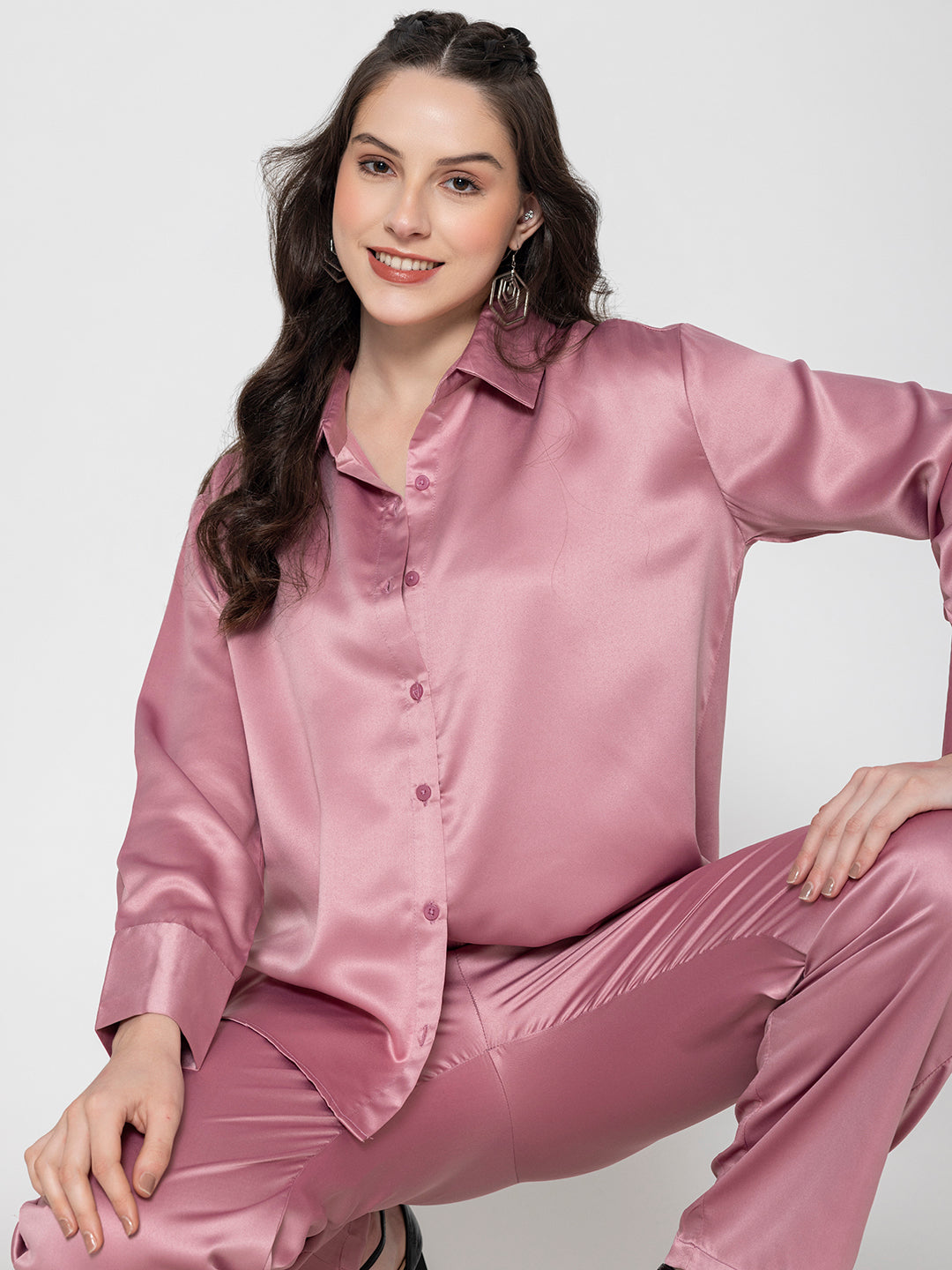 Front view of light pink satin co-ord set