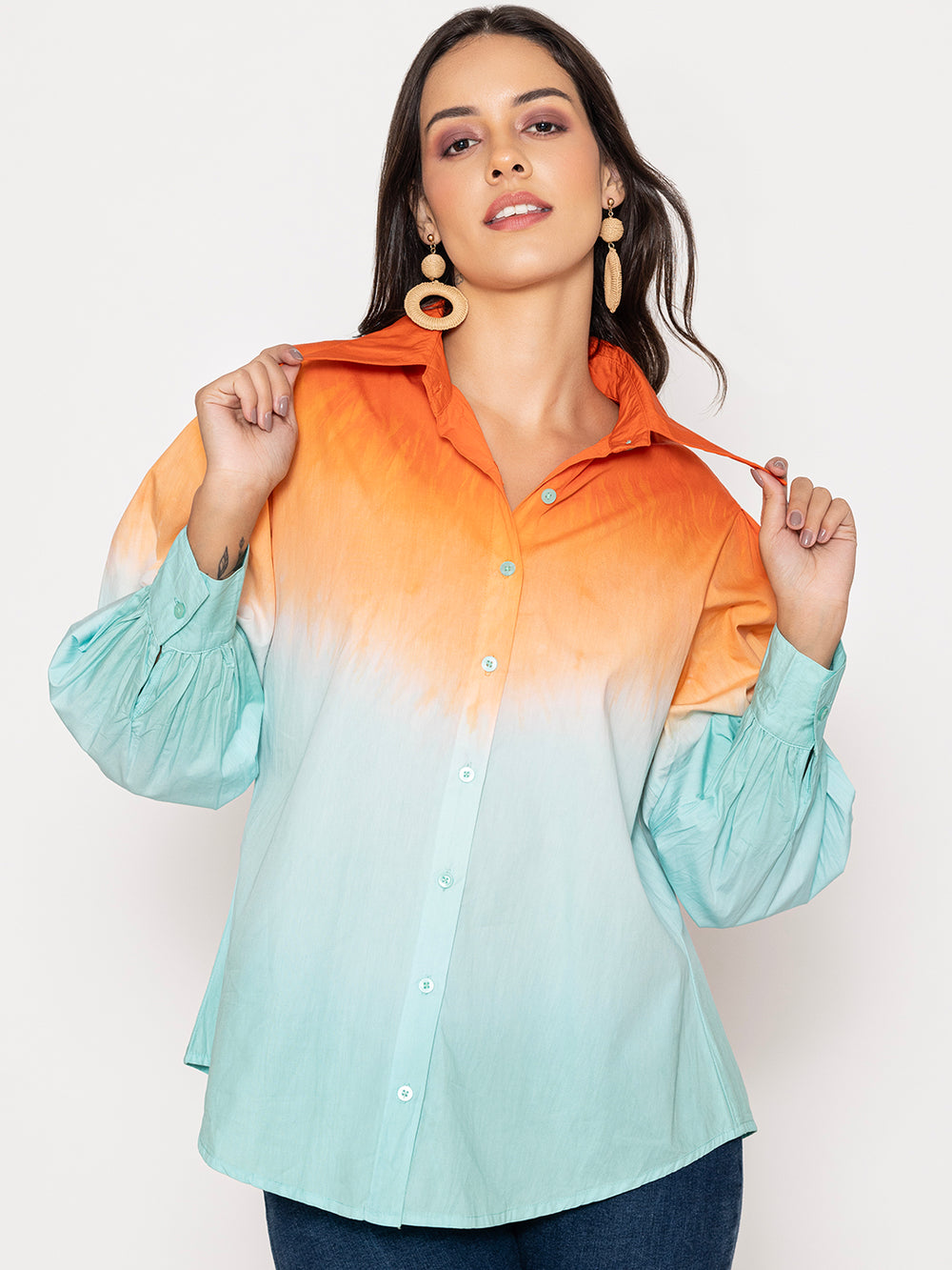 Side view of ombre cotton shirt showing color gradient