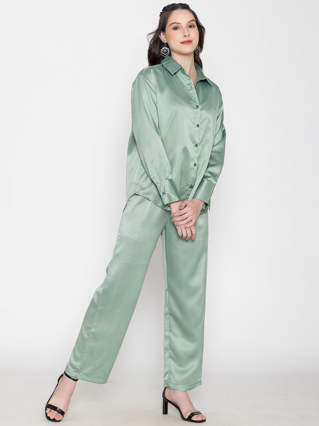 Full outfit view of light green satin co-ord set